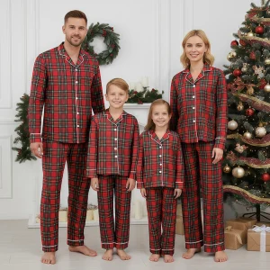 Ensemble pyjama Noel famille mignon chemises carreaux rouges pour bébé et enfant