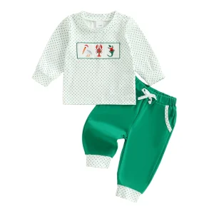 Ensemble AutomneHiver bébé Polka Dots Broderie Canard & Homard Manches Longues Col Rond Pull Pantalon Nœud Tenue 2 Pièces