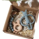 Ensemble accessoires photo bébé  Cartes jalon croissance nouveauné  Coffret dentition lapin en silicone et bois bleu  Jouets sensoriels pour bébé 012 mois