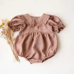 Combinaison en coton bébé fille style européen vêtement d&rsquo;été col rabattu manches élastiquées rose clair 13 ans