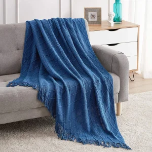 Couvrelit en lin doux avec pompon housse de canapé couvertures pour lits décor à la maison Dstress Shopping hiver 125x230cm  blue