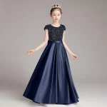 Robe de Piano pour filles longue robe de spectacle à paillettes grises robe de princesse pour enfants robe de spectacle d&rsquo;hôte été  Dark blue dress