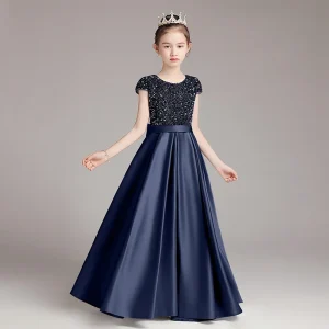 Robe de Piano pour filles longue robe de spectacle à paillettes grises robe de princesse pour enfants robe de spectacle d&rsquo;hôte été  Dark blue dress