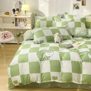 Parure de lit moderne pour chambre d&rsquo;enfant housse de couette drap plat taie d&rsquo;oreiller tissu doux design moutons vert pastel accessoires inclus chambre bébé fille garçon