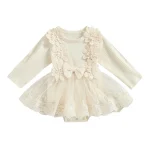 Robe bébé fille tulle manches longues nœud floral usage spécial occasion élégance automne qualité douce texture coton polyester