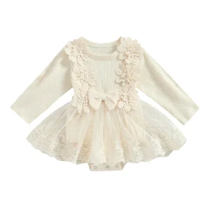 Robe bébé fille tulle manches longues nœud floral usage spécial occasion élégance automne qualité douce texture coton polyester Robe bébé fille tulle manches longues nœud floral usage spécial occasion élégance automne qualité douce texture coton polyester