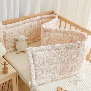 Parechocs en coton doux pour lit bébé protection bords berceau design forest animaux beige rose fixations latérales CJ263