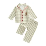 Ensemble pyjama bébé 2 pièces carreaux broderie pain d&rsquo;épice manches longues col en V vêtements nuit confort doux respirant