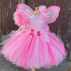 Robe de costume fée tutu à fleurs roses pour fille accessoires ailes papillon et pompom déguisement ange fée pour enfant