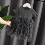 Robe princesse fille été 2025 style élasthanne coton tricot tulle gris froufrous look élégant feste