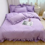 Ensemble de literie européen style romantique housse de couette en microfibre taies d&rsquo;oreiller à fronces drap de lit en coton doux couleur lilas pastel parure lit élégante et confortable