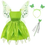 Costume de Fée pour Bébé Fille Robe de Fleur Vert Ailes Transparentes Diadème Papillon Baguette Magique Accessoires Inclus Carnaval Anniversaire Halloween