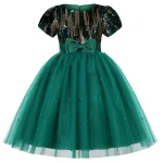 Robe d&rsquo;anniversaire fille robe de bal en velours et tulle paillettes dorées jupe volumineuse robe élégante pour enfants occasion spéciale robe verte