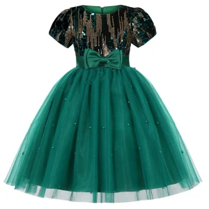 Robe d&rsquo;anniversaire fille robe de bal en velours et tulle paillettes dorées jupe volumineuse robe élégante pour enfants occasion spéciale robe verte