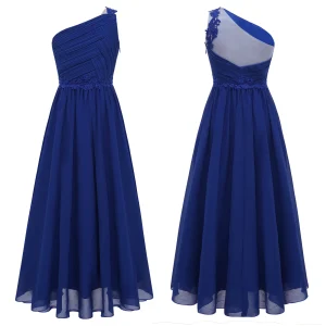 Robe demoiselle d&rsquo;honneur mariage fille asymétrique épaule dénudée dentelle guipure mousseline soie soirée anniversaire bal fille bleu