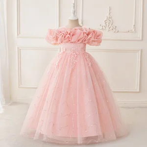 Robe demoiselle d&rsquo;honneur princesse élégante à fleurs pour filles robe de bal formelle mariage anniversaire noël rose pâle