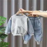 Ensemble vêtements bébé garçon bleu clair style cowboy deux pièces manches longues pantalon survêtement denim