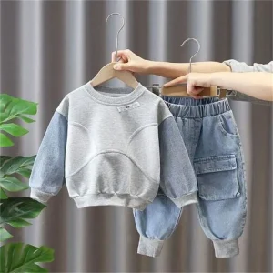 Ensemble vêtements bébé garçon bleu clair style cowboy deux pièces manches longues pantalon survêtement denim