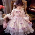 Robe décontractée fille princesse nœud manches bouffantes robe élégante soirée mariage enfant 46 ans rose
