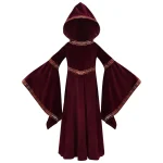 Costume Halloween vampire enfant style médieval robe rouge velours capuche manches larges