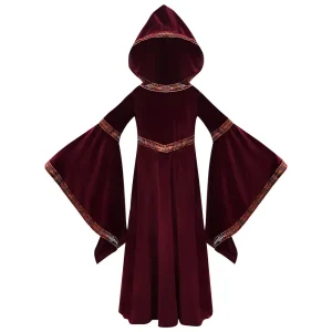 Costume Halloween vampire enfant style médieval robe rouge velours capuche manches larges
