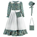 Robe de soirée pour filles demoiselle d&rsquo;honneur verte avec tablier ensemble de bonnets style pastoral vintage médiéval 46 ans