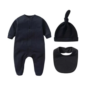 Ensemble 3 pièces bébé garçon fille combinaison à manches longues 100% coton bonnet et bavoir tenue printemps automne nouveauné 01 an
