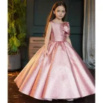 Robe formelle princesse pour filles Robe de spectacle piano Robe d&rsquo;anniversaire longueur genou en coton polyester shiny pink