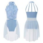 Robe de danse pour filles adolescentes corsage froncé en dentelle robe de ballet en mousseline costumes de danse lyrique contemporaine  Light Blue A