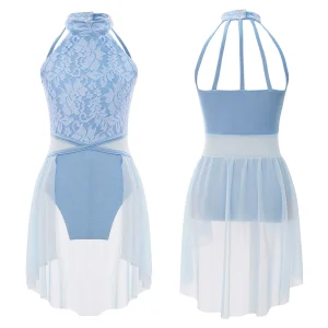 Robe de danse pour filles adolescentes corsage froncé en dentelle robe de ballet en mousseline costumes de danse lyrique contemporaine  Light Blue A