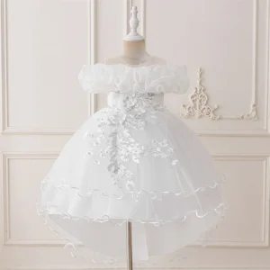 Robe de fête formelle à fleurs argentées pour filles robe blanche en tulle style romantique occasion mariage ou anniversaire vêtement élégant pour enfant Robe de fête formelle à fleurs argentées pour filles robe blanche en tulle style romantique occasion mariage ou anniversaire vêtement élégant pour enfant