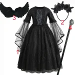 Costume Halloween sorcière Disney pour filles robe dentelle tulle manches évasées accessoires incluits style européen américain matériau polyester maille robe pourim fête