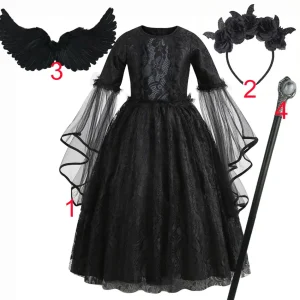Costume Halloween sorcière Disney pour filles robe dentelle tulle manches évasées accessoires incluits style européen américain matériau polyester maille robe pourim fête