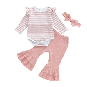 Tenue d&rsquo;automne pour bébés filles body rayée à manches longues pantalon évasé et headband assorti en coton doux