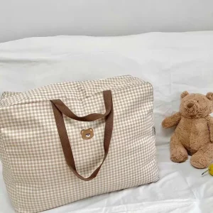 Sac de rangement maternelle très grande capacité pour bébés couverture de maternelle style ours beige carreaux anses textiles facile à transporter idéal pour sorties bébé