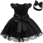 Robe noire pour bébé fille satin et tulle dentelle nœud robe de baptême mariage anniversaire style princesse élégante bébé fille 12 ans