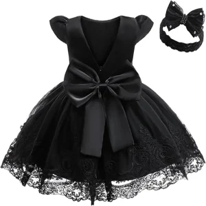 Robe noire pour bébé fille satin et tulle dentelle nœud robe de baptême mariage anniversaire style princesse élégante bébé fille 12 ans