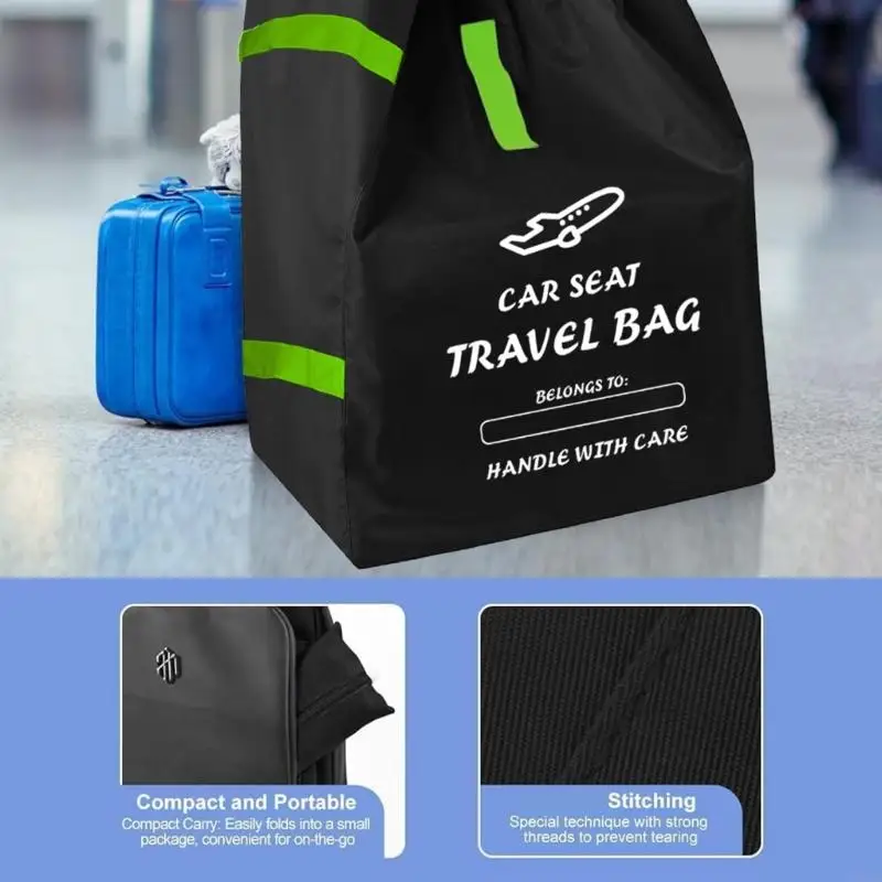 Sac de transport siège auto imperméable portée facile protection totale nylon/polyester compact et portable pour bébé voyage résistant design moderne couleur noire et vert fluo