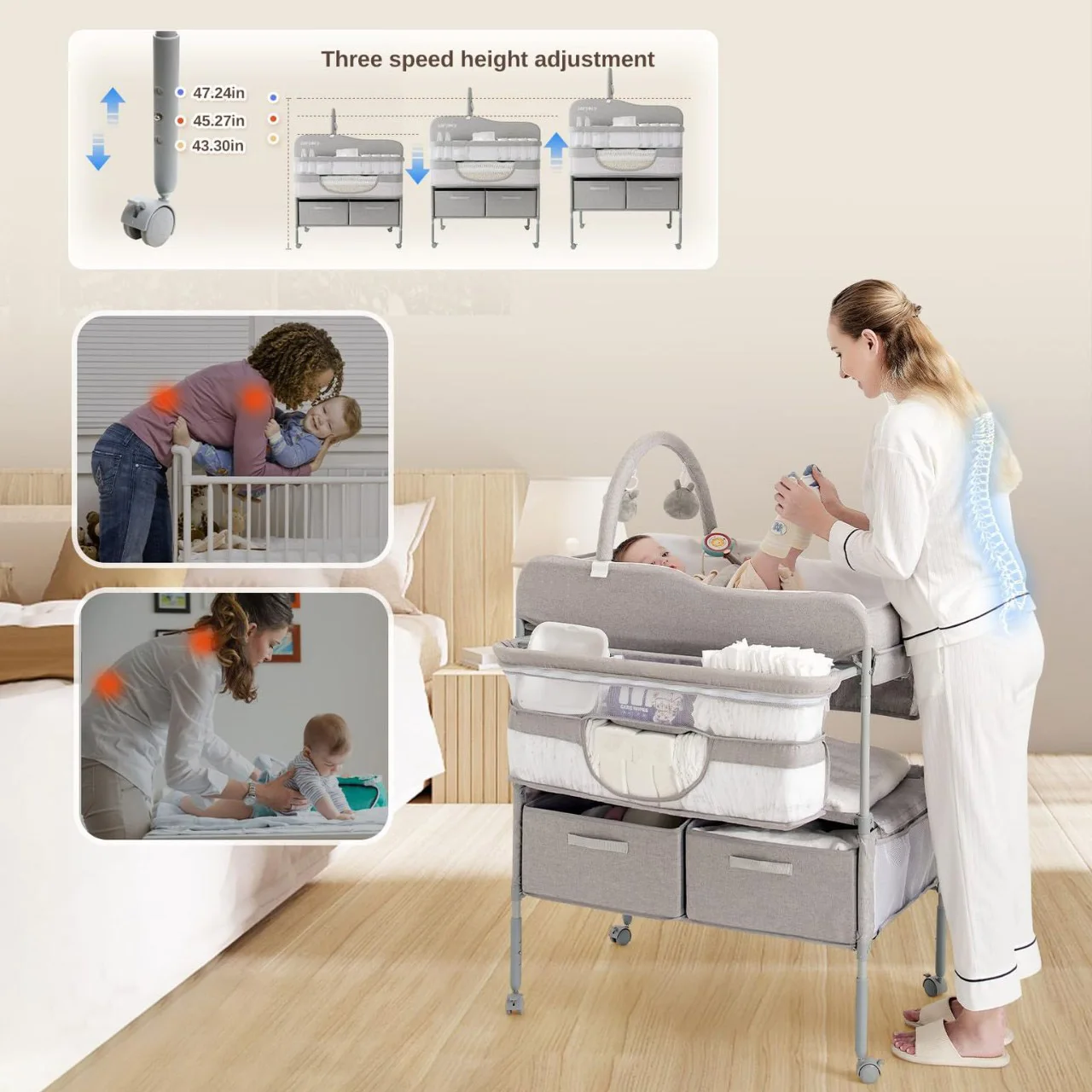 Chariot rangement bébé moderne avec roulettes 多 compartiments tissu et plastique design épuré idéal pour chambre bébé et table à langer