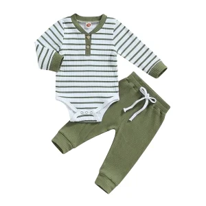 Ensemble Romper Longues Manches Bébé Doux Coton Bio Vert Olive Été Hiver