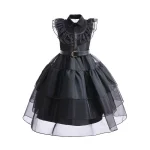Robe de soirée noire pour adolescentes princesse Halloween carnaval robe gothique polyester tulle ajustée manches courtes fille 713 ans éлегante mode européenne