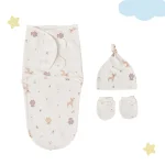 Couverture et chapeau bébé 06 mois coton imprimé animaux doux et sécurisés