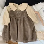 Robe sans manches pour bébés filles nouvelle collection printemps et automne robe en velours côtelé pour enfants robe ample à revers  Tshirt ensemble de vêtements pour enfants  Set1