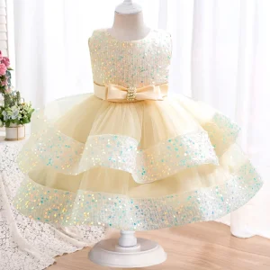 Robe mignonne pour bébé fille 15T vêtements de fête d&rsquo;anniversaire nouvelle collection style formel matériau coton polyester décoration arc robe sans manches ajustement parfait confortable et sécuritaire