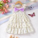 Robe de princesse pour filles motif floral nœud décoratif puffed sleeves été 36 ans robe d&rsquo;anniversaire vêtements enfants cute romantic