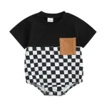 Combishort bébé manches courtes motif damier poche marron 01 ans vêtement décontracté streetwear été coton polyester