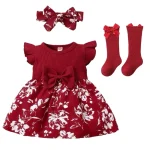 Robe princesse pour bébé fille floral rouge robe ajustée manches courtes headband et chaussettes assortis usage quotidien ou occasionnel bébé 13 ans