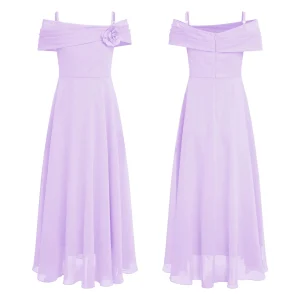 Robe de Soirée Élégante en Mousseline de Soie pour Fille Tenue de Mariage Demoiselle d&rsquo;Honneur Anniversaire Bal Froncée Fleurs 3D Lavender