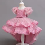 Robe de soirée pour fille style princesse tulle et sequins pastel rose occasion spéciale 46 ans robe de mariage enfant design élégant manches larges ceinture assortie