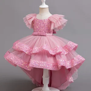Robe de soirée pour fille style princesse tulle et sequins pastel rose occasion spéciale 46 ans robe de mariage enfant design élégant manches larges ceinture assortie Robe de soirée pour fille style princesse tulle et sequins pastel rose occasion spéciale 46 ans robe de mariage enfant design élégant manches larges ceinture assortie